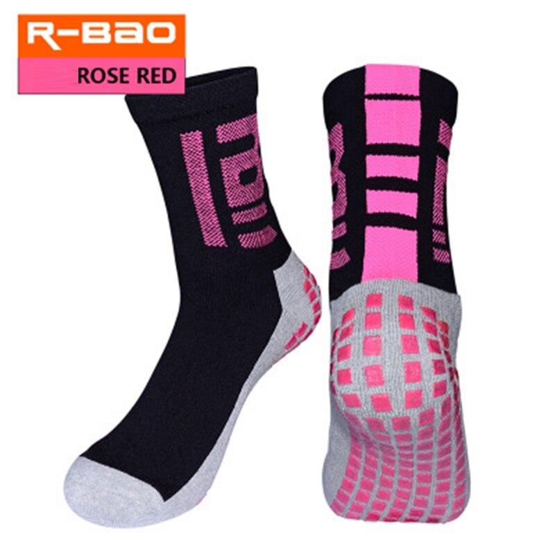 R-bao fodboldsokker i frotté for voksne høje skridsikre fodbold korte sokker tykkere deodorant antibakterielle sportsstrømper: Rosenrød