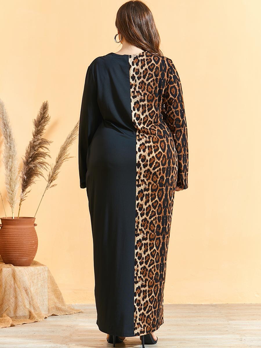 Løs oversize plus size kjole kvinder langærmet leopardprint patchwork maxi lange kjoler tyrkisk arab muslimsk kjole