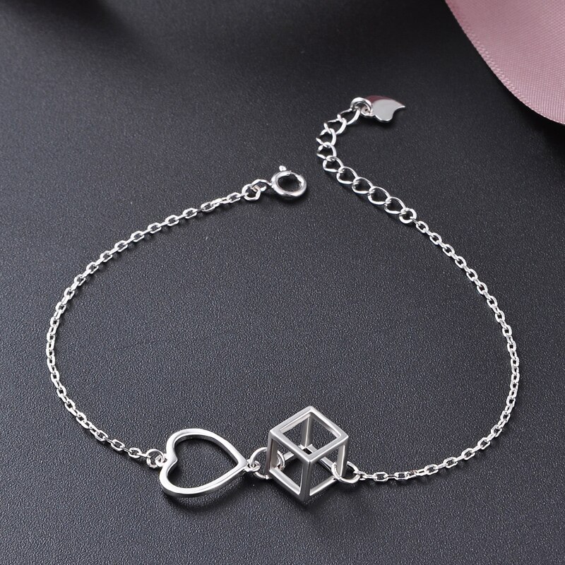 16 Cm Jewelry Romantic Love Cube Bracelet Solid Geometry Sterling Silver Female Wedding Bracelet Lovely Hand Chain 925