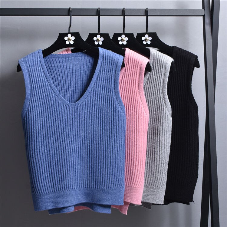 Strikket vest med v-hals, koreansk stil ensfarvet vest til kvinder løs vest stribet slim sweater frakke