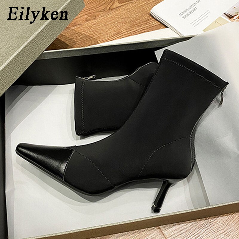 Eilyken merkki naisten nilkka resori kangas sukat saappaat teräväkärkinen matalakorkoinen beige saappaat naisten pumppu kengät