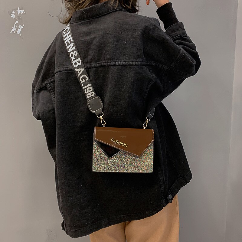 Women's Bag Mini Bag Korean-Style Sequin Girl's All-match Wide Shoulder Strap Shoulder Bag Messenger Bag YUBAI