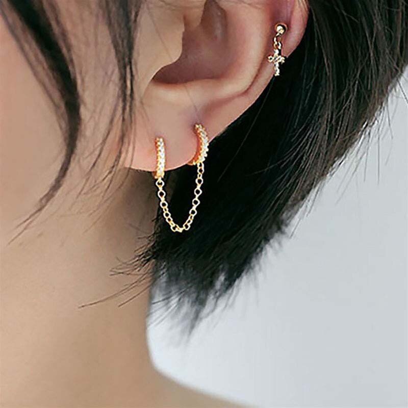 1Pc Zwei Loch Hoop Ohrring Kristall Zirkon Punk Hip Hop Ohrringe Gold Piercing Schmuck für Frauen Zubehör Mädchen