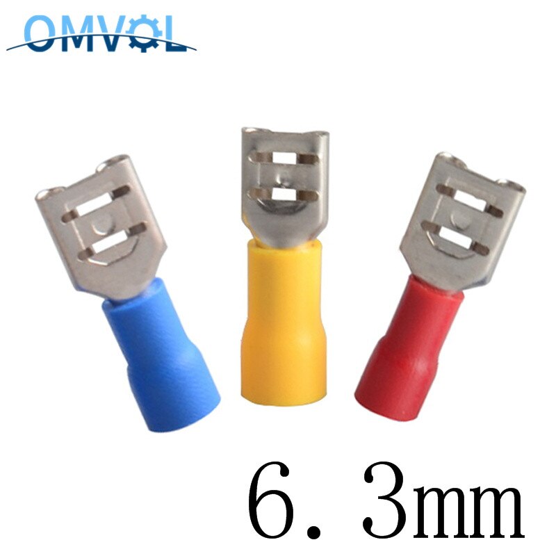 Terminal de crimpado eléctrico aislado hembra para conectores AWG 16-14, Conector de Cable, 6,3, 50 Uds.