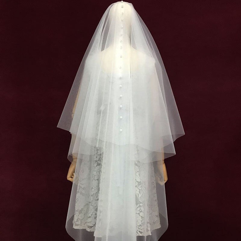 Korte Twee Lagen Wedding Veils Met Kam Parels Kralen Met Blusher Vintage Bruids Haar Accessoires