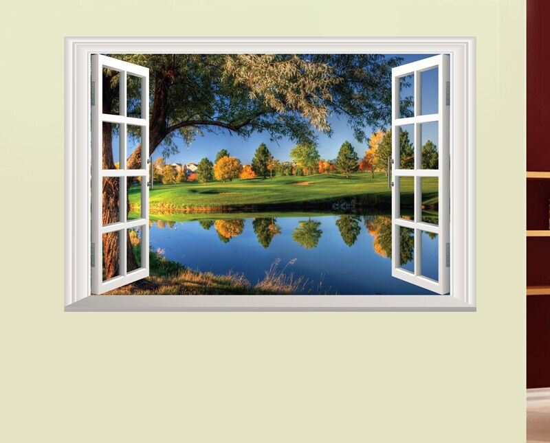 Home Decoratie Muurstickers Landschap natuurlijke Lake 3D Window Home decor Kamer Decal Foto kunst