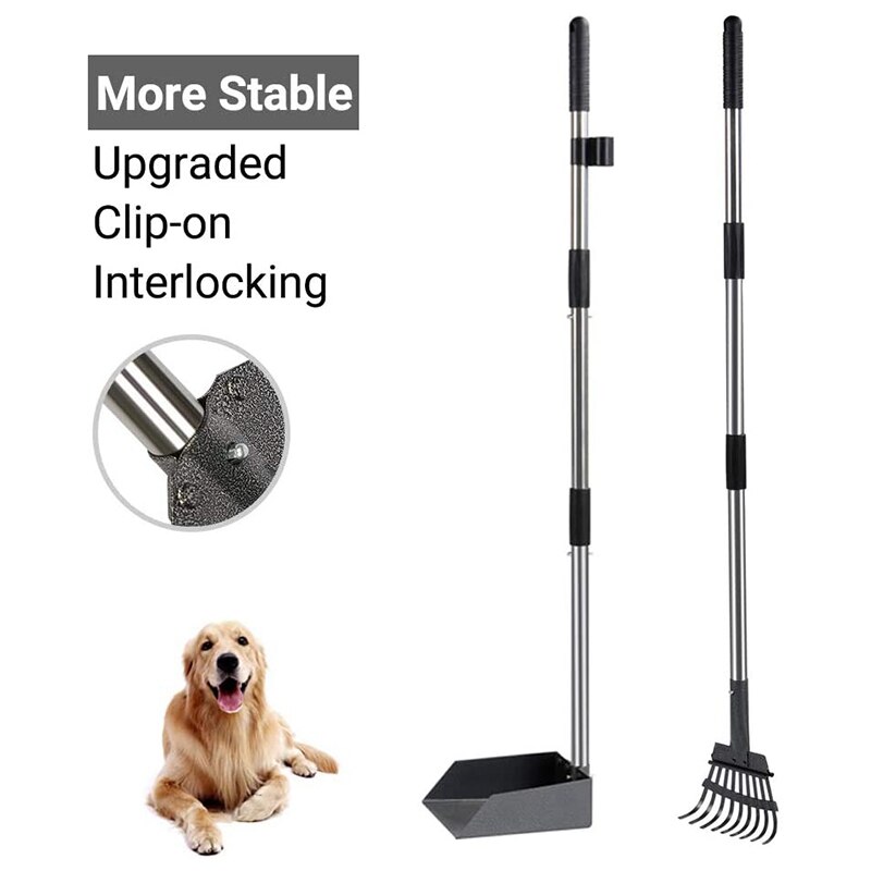 Dog Poop Tray and Rake Set, Pet Waste Removal Scoop with Adjustable Sectional Stainless Handles