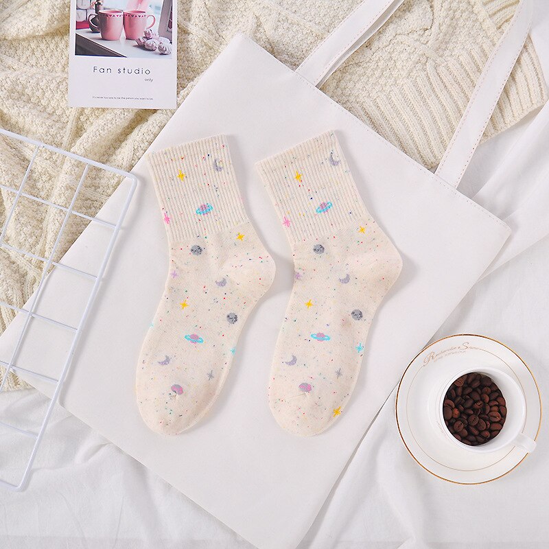 Japanese Moon Stars Universe Socks Harajuku Planet Point Yarn Funny Socks Women Warm Cute Novelty Femme Sokken Meias: 003