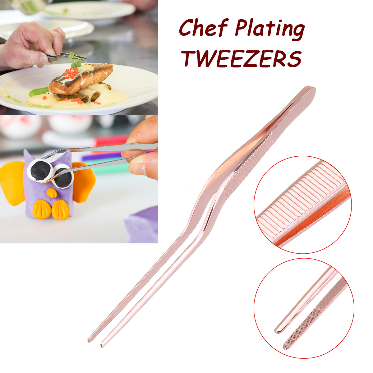 13.9cm/5.47inch Chef Plating Tweezer Tongs Serving Presentation Stainless Steel Offset Kitchen Tool Rose Gold