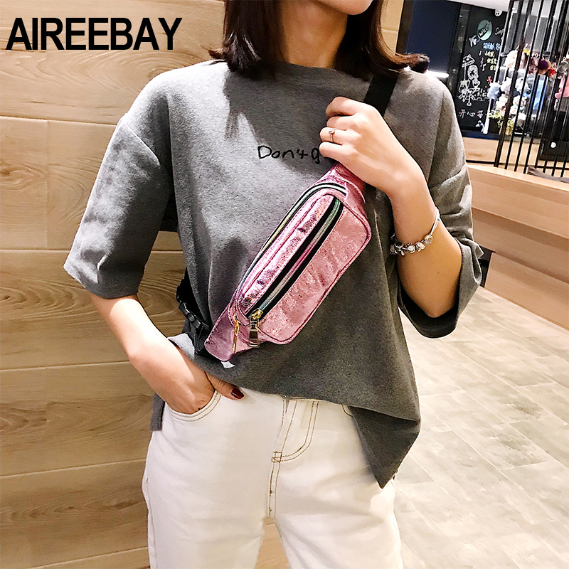 AIREEBAY Style Vintage femmes sac banane holographique PU cuir taille ceinture sacs Messenger sac à bandoulière sac de poitrine pour voyager