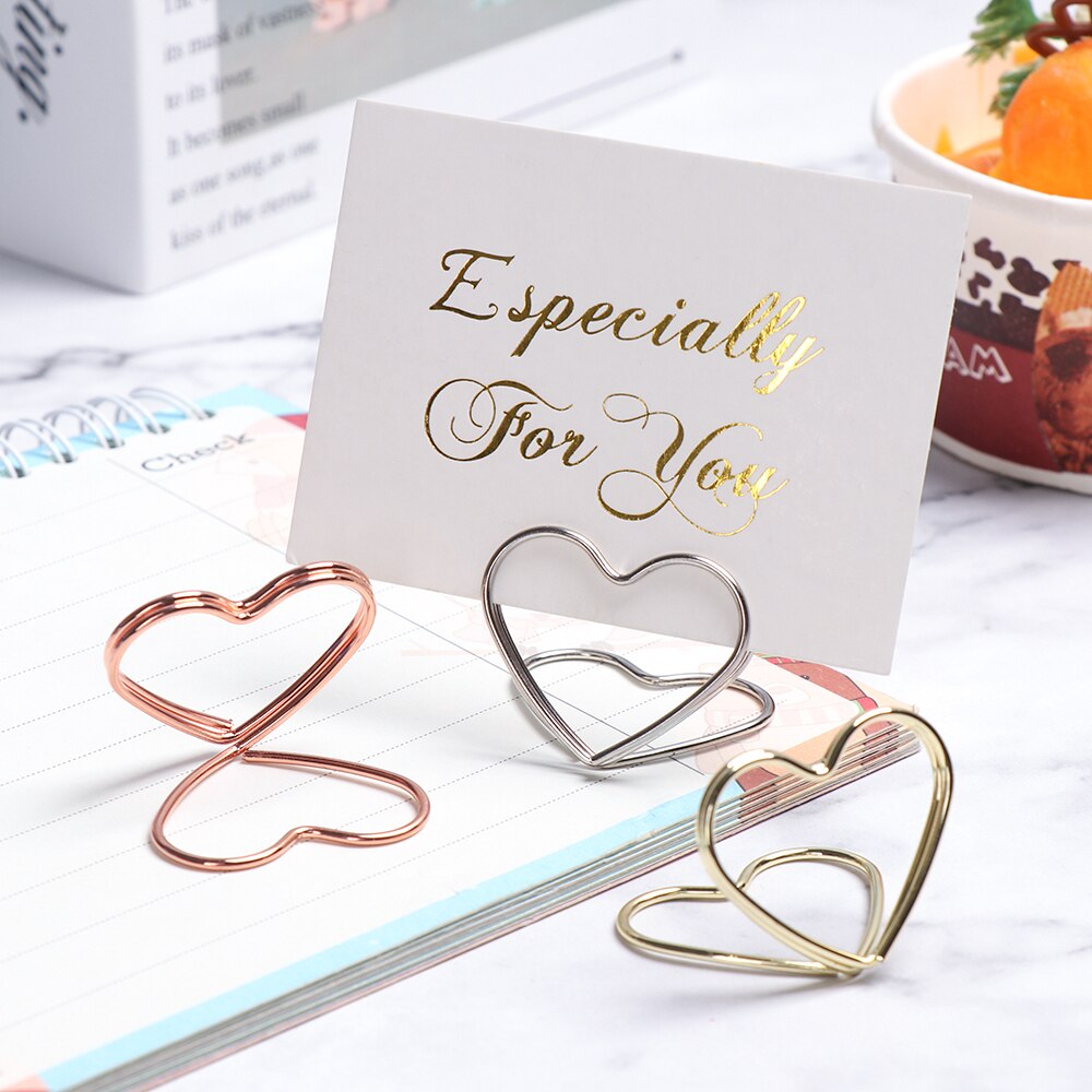 1pc metallisk hjerteform ringform stedskortklemmer stativ fotoclips bordnumre holder papirklemme skrivebordsindretning