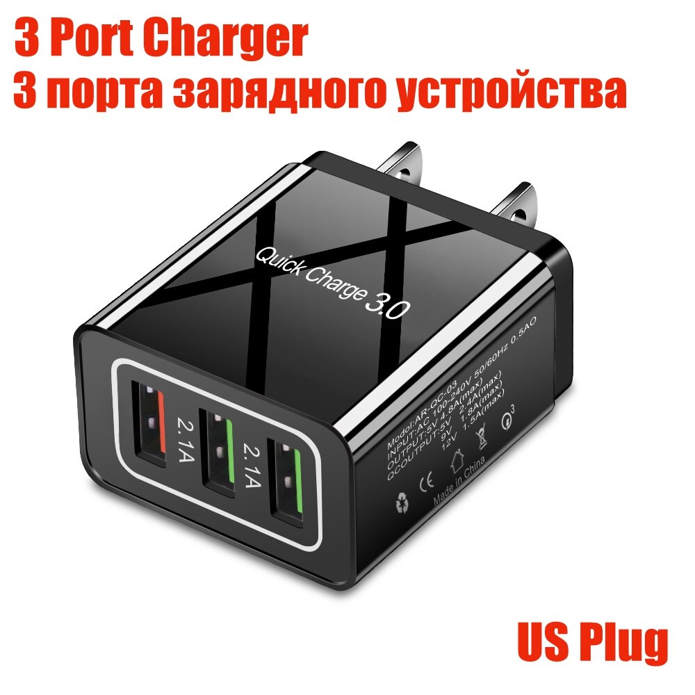 36W Ricarica Rapida 3.0 UE STATI UNITI REGNO UNITO Veloce del Caricatore del USB Per il iPhone X 11 Smausng S20 Xiaomi MI 10 huawei QC3.0 Della Parete Del Caricatore Del Telefono Mobile: Charger  NO Light / Black  3 Port  US