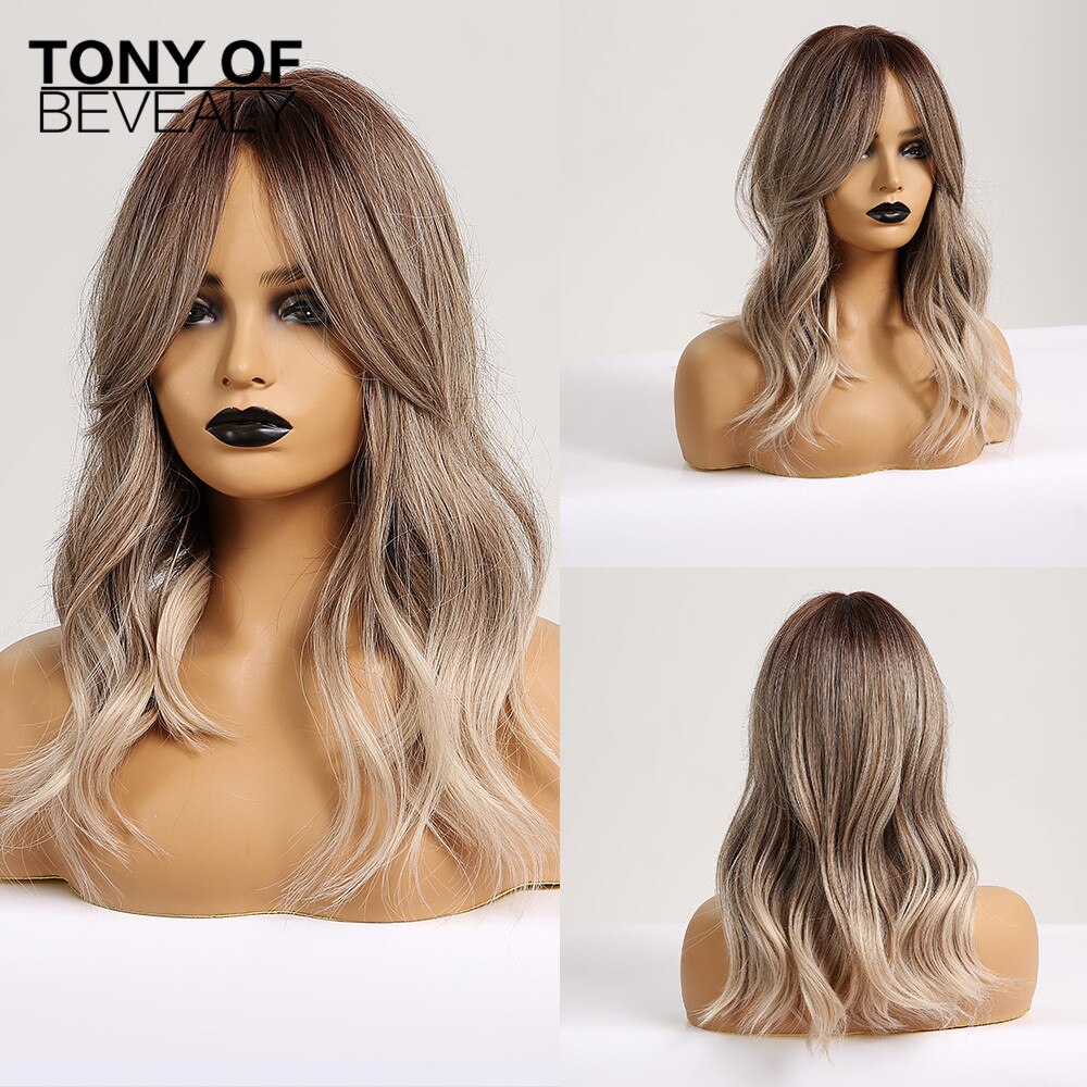 Medium Length Synthetic Wigs for Women Brown Wavy Natural Hair Wigs With Bangs Cute Cosplay Party Wigs Heat Resistant Fiber: lc205-1