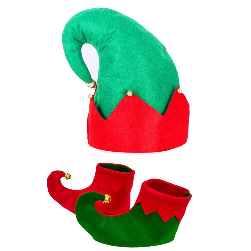 Sombreros de Navidad para adultos y niños, botas de elfo, calcetines de elfo de Navidad, zapatos de caramelo, sombrero, vestido de graduación, disfraz de vacaciones de Navidad, 3 piezas: Child