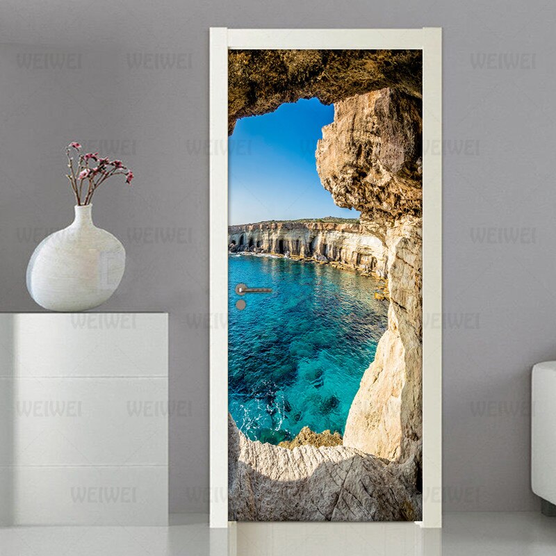 Cave Seascape 3D Photo Wallpaper Murals PVC Waterproof Self-adhesive Door Sticker DIY Door Poster Wall Mural Stickers