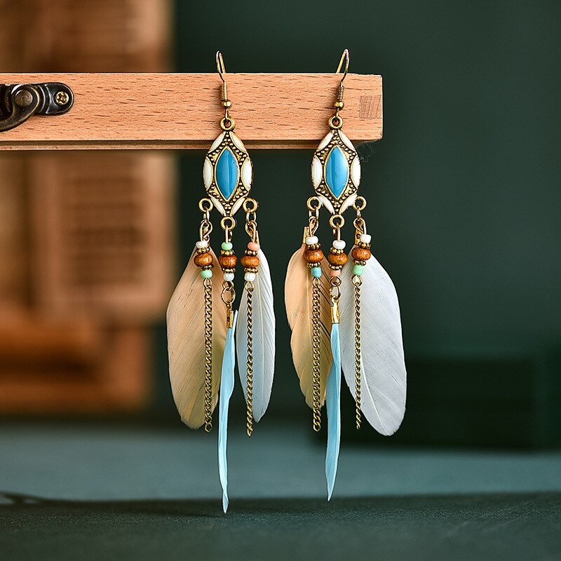 Etnische oorbellen met veren, damessieraden, bohemian zomerse metalen oorbellen met lange kwastjes, indiase sieraden