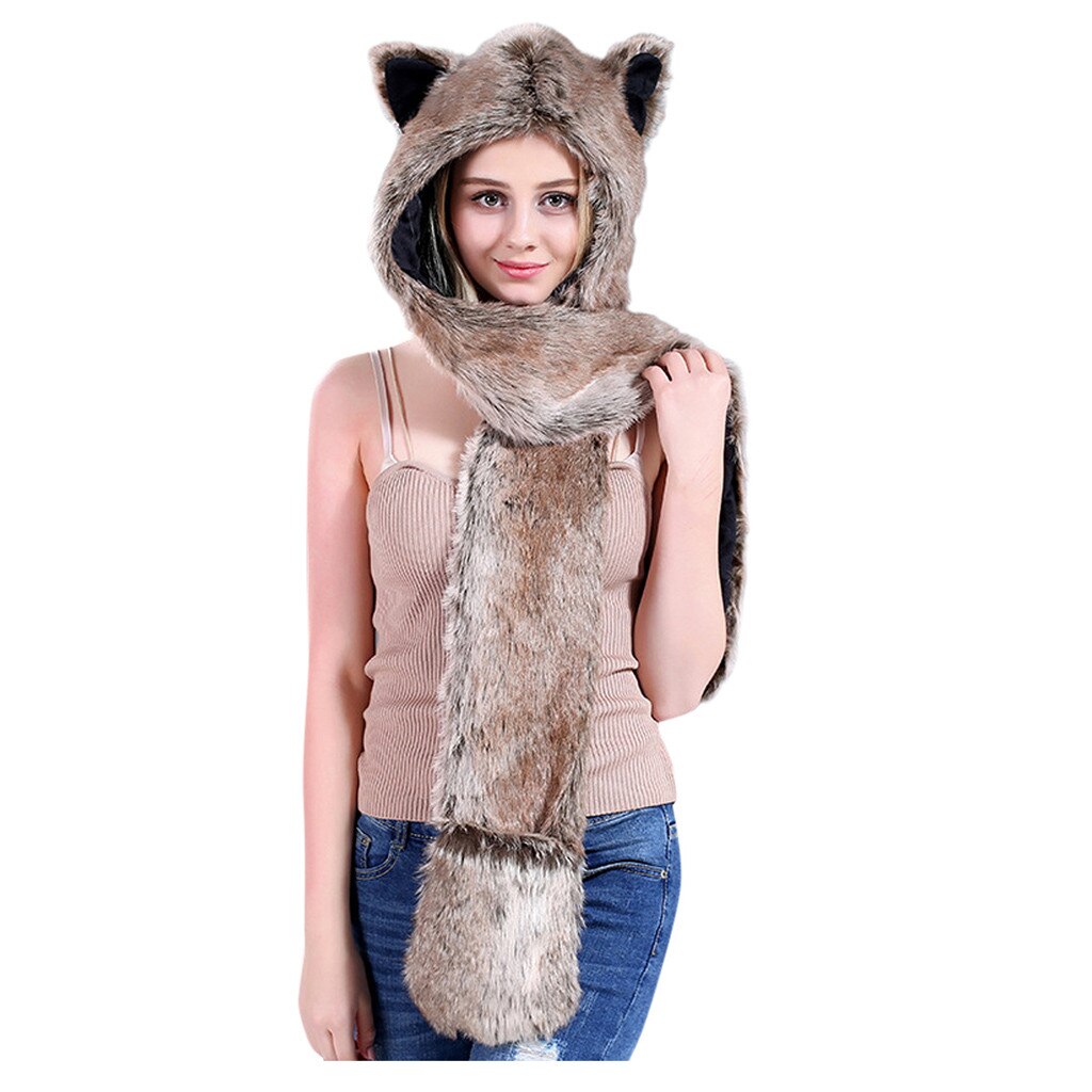 Women Faux Fur Hood Animal Hat Ear Flaps Hand Pockets Set Animal Hood Hat Wolf Plush Warm Animal Cap with Scarf Gloves
