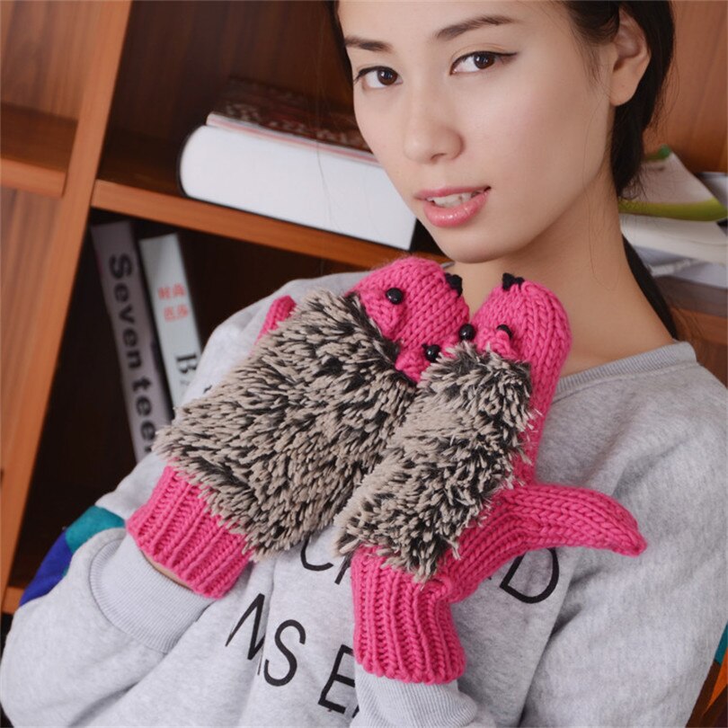Winter Gloves for Women Girls Novelty Cartoon Knit Thick Mittens Warm Fitness Gloves Hedgehog Ski Heated Wrist Mittens: G014 Rose red