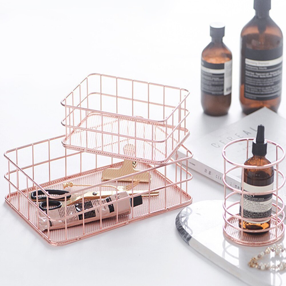 Nordic Rose Gold Metal Wire Iron Storage Basket Office Desktop Sundries Makeup Brushes Holder Table Cosmetics Organizer Rack