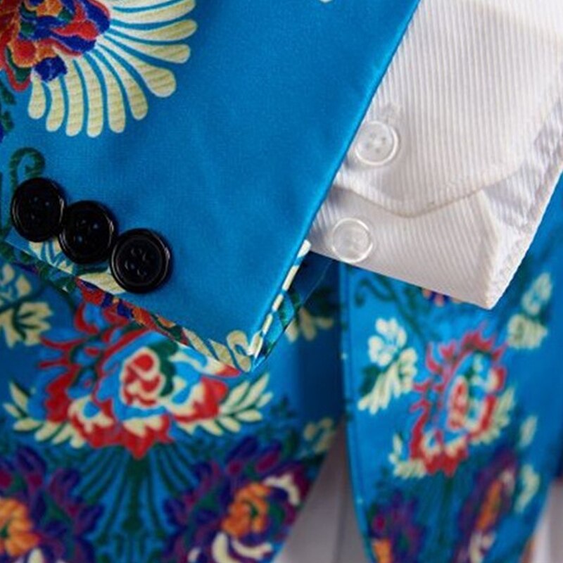 Men's Floral Print Suit Jacket One Button Lapel Lake Blue Slim Casual Suit Prom Party Dedicated Suit Jacket