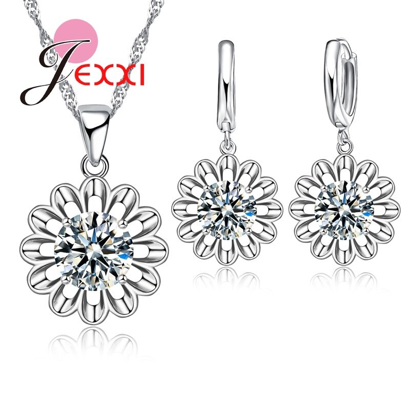 Zonnebloem Eeuwige Liefde 925 Sterling Zilveren Sieraden Set Voor Bruiloft Crystal Maxi Ketting Oorbellen Set Voor Vrouwen Bijoux: White