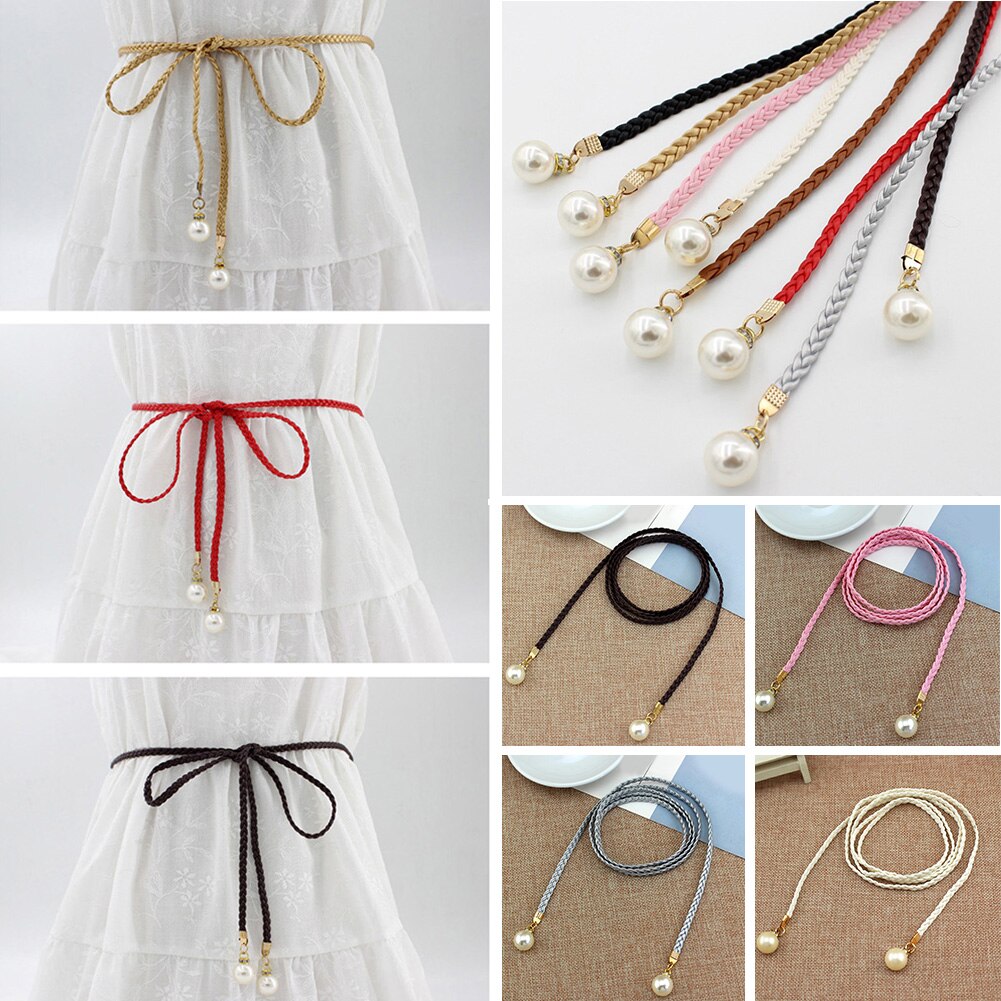 Thin Braid Women Belt Woven Tassel Pearl Waist Strap Boho Girls Waistband Waist Rope Waist Belts For Dress Accessories
