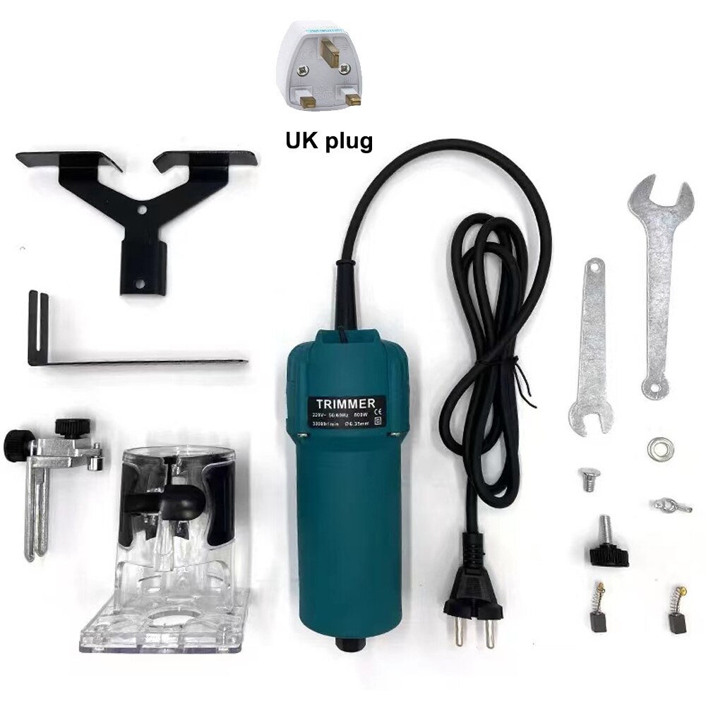 800W 30000rpm Wood Electric Hand Trimmer Woodworking Engraving Slotting Trimming Hand Carving Machine Wood Router Joiners Set: Green UK plug