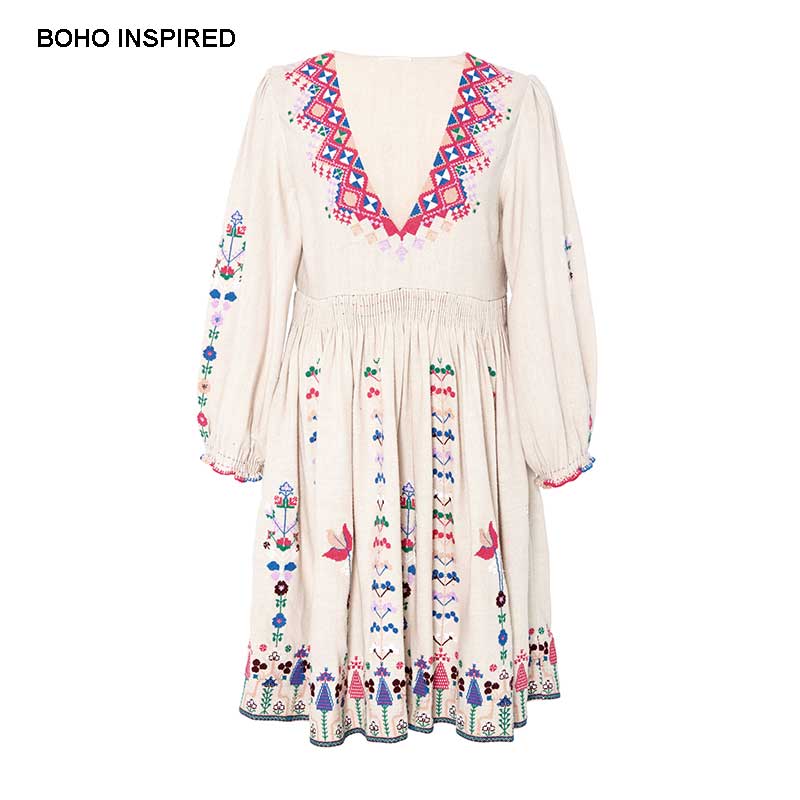 Boho inspirerad blommig folkloristisk broderad mini boho klänning 3/4 ärmar sommarklänning virkad v ringklänning kvinnliga vestidos: Beige mini / Xl