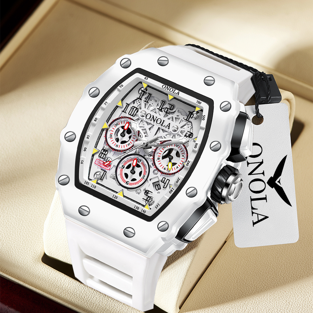 ONOLA Uhren für Herren, modisch, lässig, Tonneau, multifunktional, weiches Silikonarmband, wasserdicht, weiße Quarz-Herrenuhr, Reloj Hombre