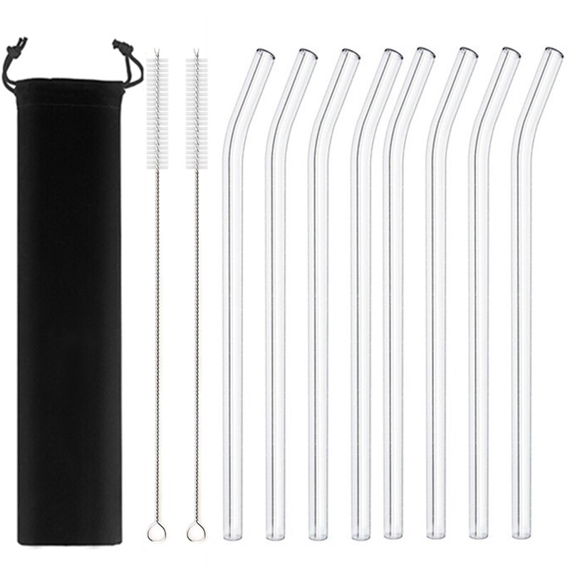 Paille en verre transparente pour toute boisson,accessoire sain, réutilisable et , pour Smoothies, cocktails, livré avec brosse de nettoyage, 200x8mm: 8pcs Bent black