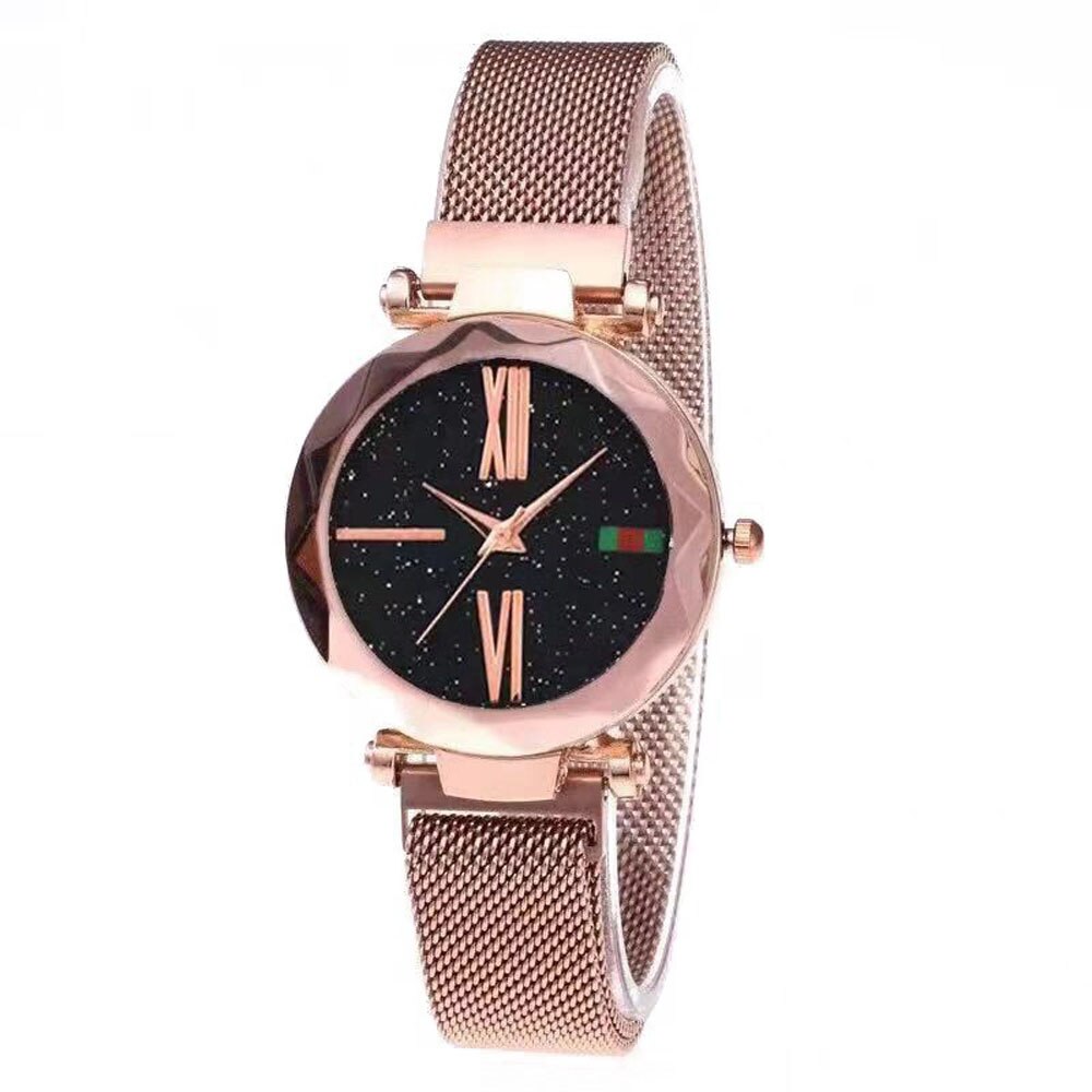 Luxury Rose Gold Women Watches Minimalism Starry sky Magnet Buckle Casual Female Wristwatch Waterproof Roman Numeral: Gold