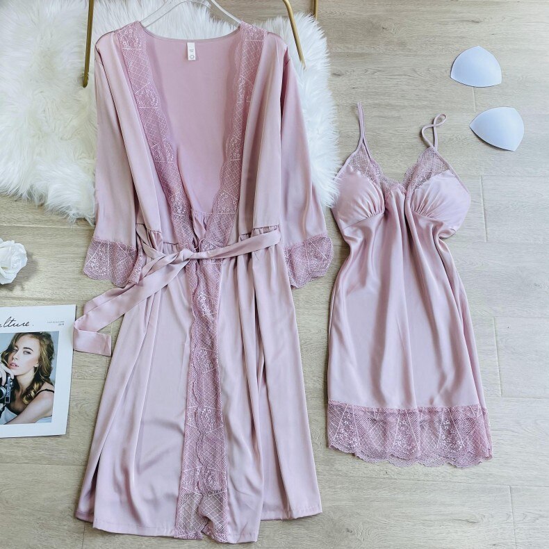 Vrouwen Met Beha Intieme Robe Gown Set Sexy V-hals Band Nachtjapon Lente Herfst Faux Zijde Nachtkleding Pyjama Zoete Kant Nachtkleding