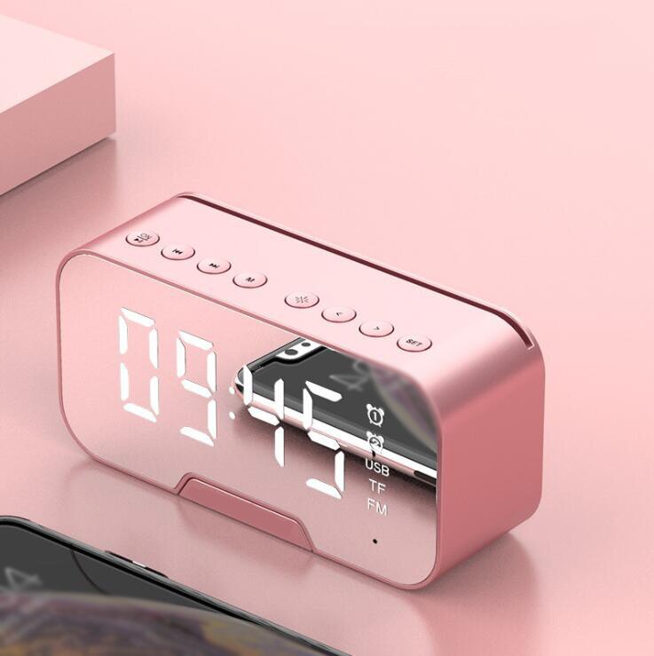 LED Mirror Bluetooth Alarm Clock Multifunction Wireless Subwoofer Music Player Electronic Digital Table Clock Home Decoration: Pink