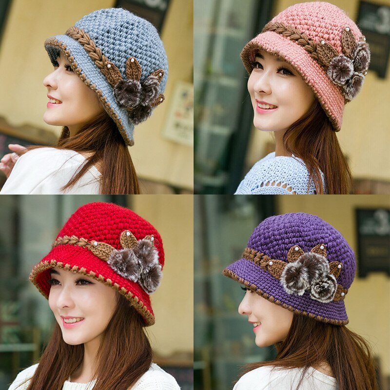 Women Woolen Beanie Hat Winter Knitted Caps With Flower Pattern Ladies Warm Bucket Hats Capot