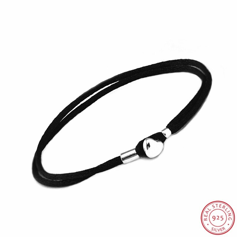 Goedkope 925 Sterling Zilveren hartvormige Sluiting Zwart Dubbele Momenten Stof Koord Armbanden voor Vrouwen Sieraden Maken PL801