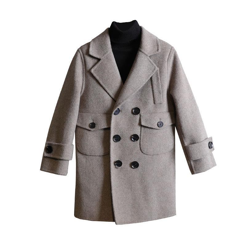 Winter Wollen Jas Voor 4-16 Jongens Turn Kraag Double Breasted Grote Zakken Solid Abrikoos Jongen Jas Jongens Kleding