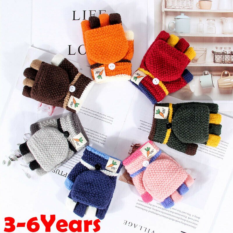 Baby Unisex Warm Gloves Kids Boys Girls Winter gloves Half Finger Flip Cover Knitting Mittens 3-6Years