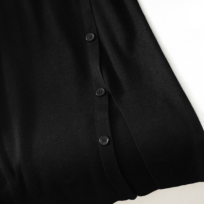 Marca de moda terno feminino outono nova moda tricô fino meados de comprimento pequeno vestido preto + jaqueta jeans curto duas peças feminino