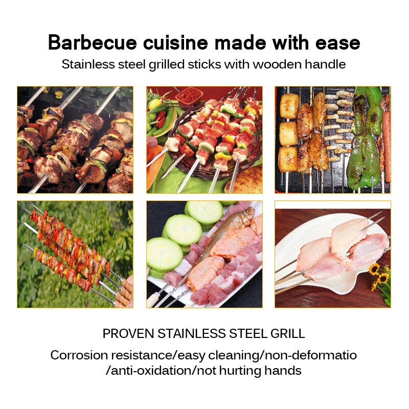Bbq spett rostfritt stål shish kebab bbq gaffel set långt platt trähandtag grillnål kött grill utomhusredskap 6 st
