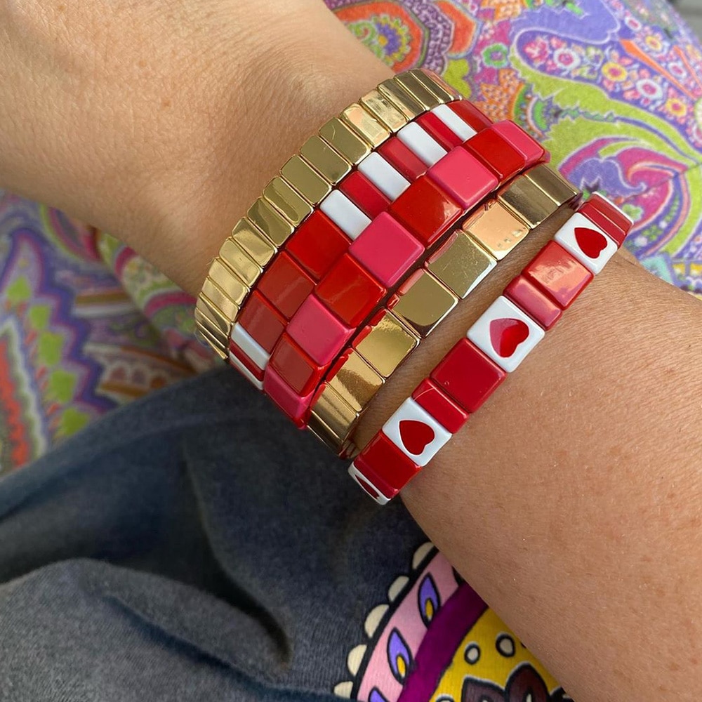 Shinus stretch emaille tegel armbanden armband voor vrouwen sieraden trendy hart sieraden gouden kralen pulsera