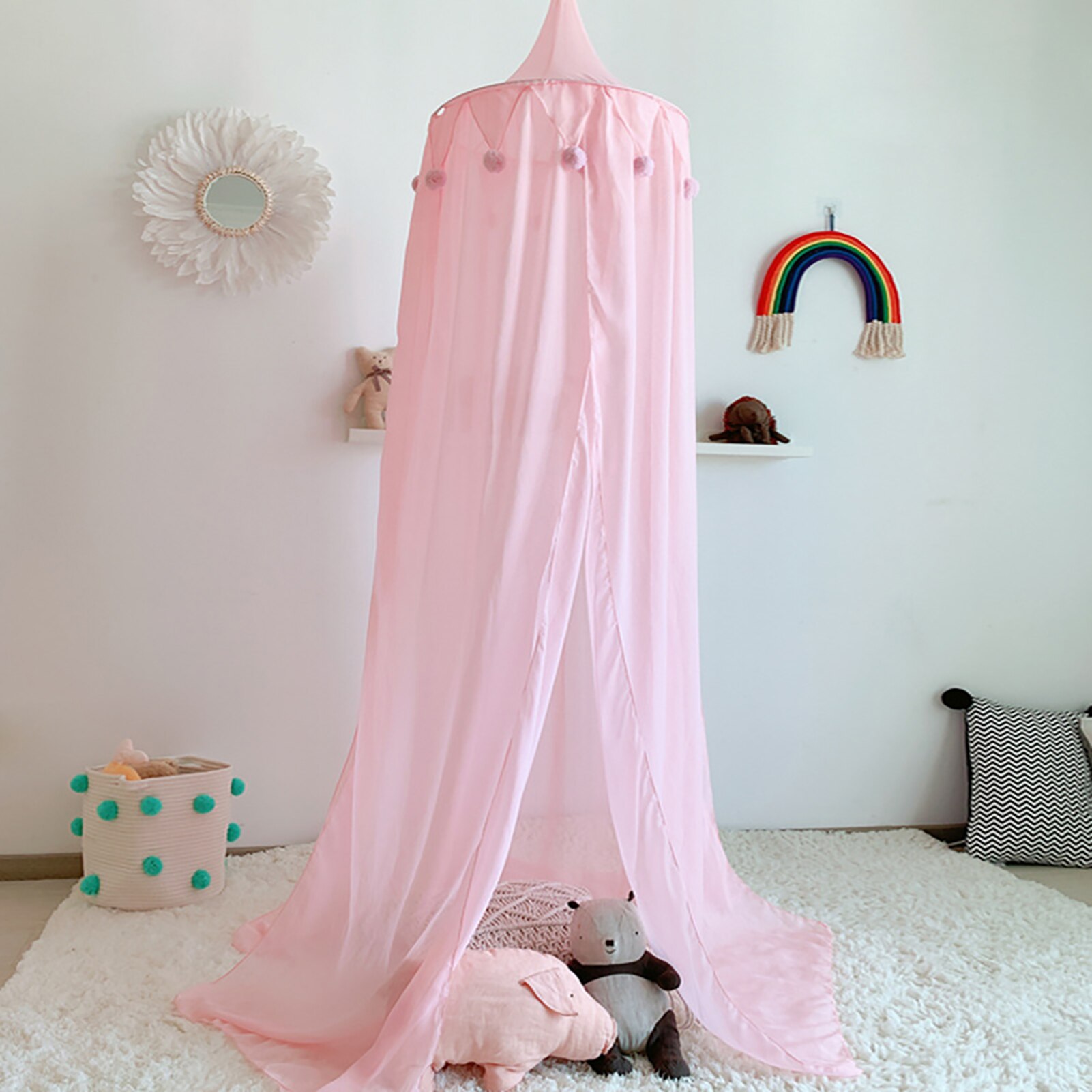 Nordic Thick Lace Pompom Baby Mosquito Net Bed Valance Cotton Children Hanging Tent Bed Canopy Home Bedroom Decoration
