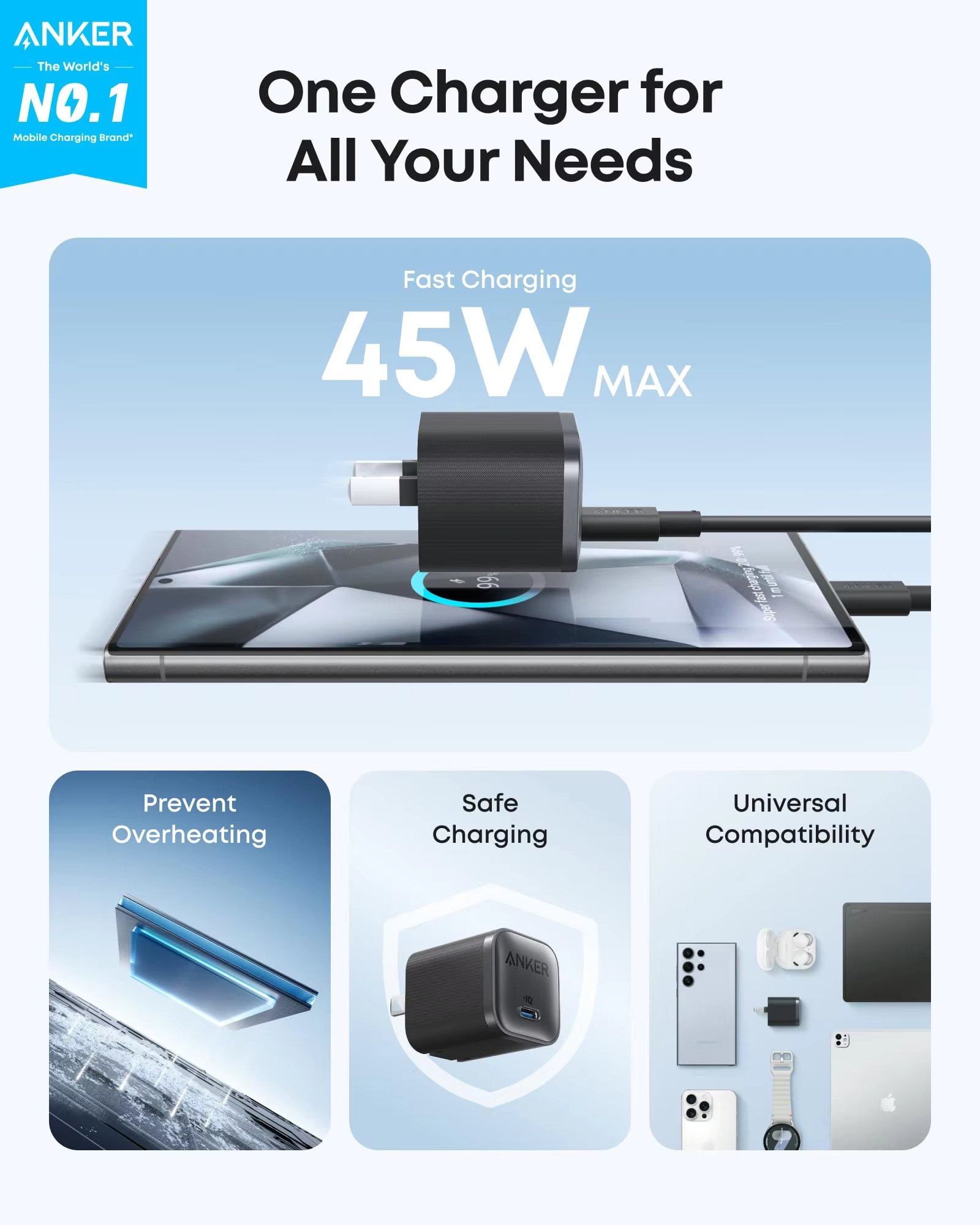 Anker Nano 45W Type C Charger Fast Charging Compact and Foldable Plug USB C Charger Anker's Advanced GaN-Powered Charger