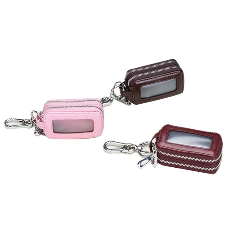 Leather Home Double Pocket Zipper Mini Wallet Keychain Transparent