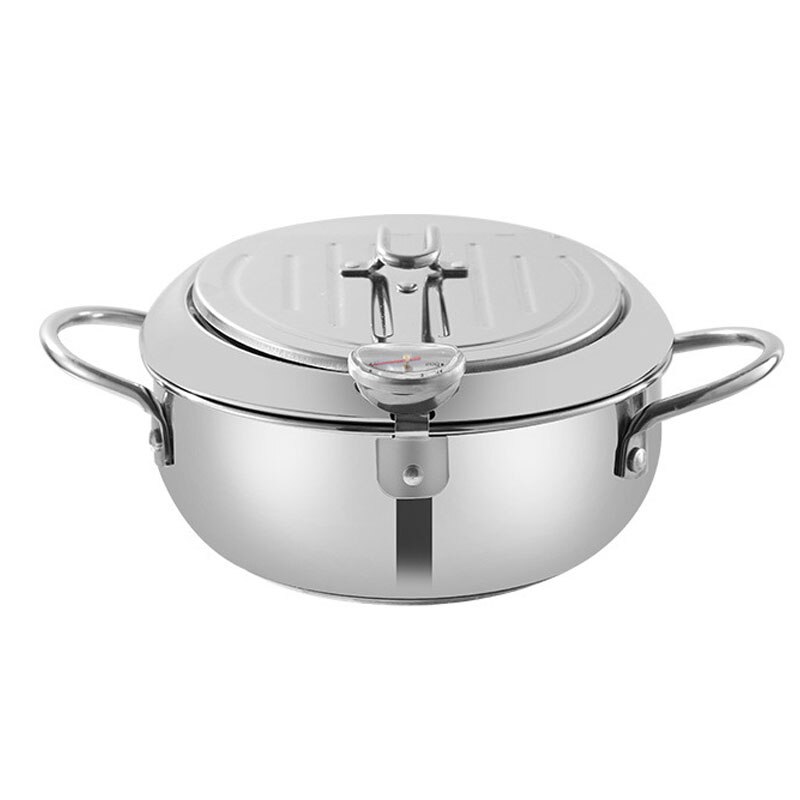 Japanese Deep Frying Pot with a Thermometer and a Lid 304 Stainless Steel Kitchen Tempura Fryer Pan 20cm: Default Title