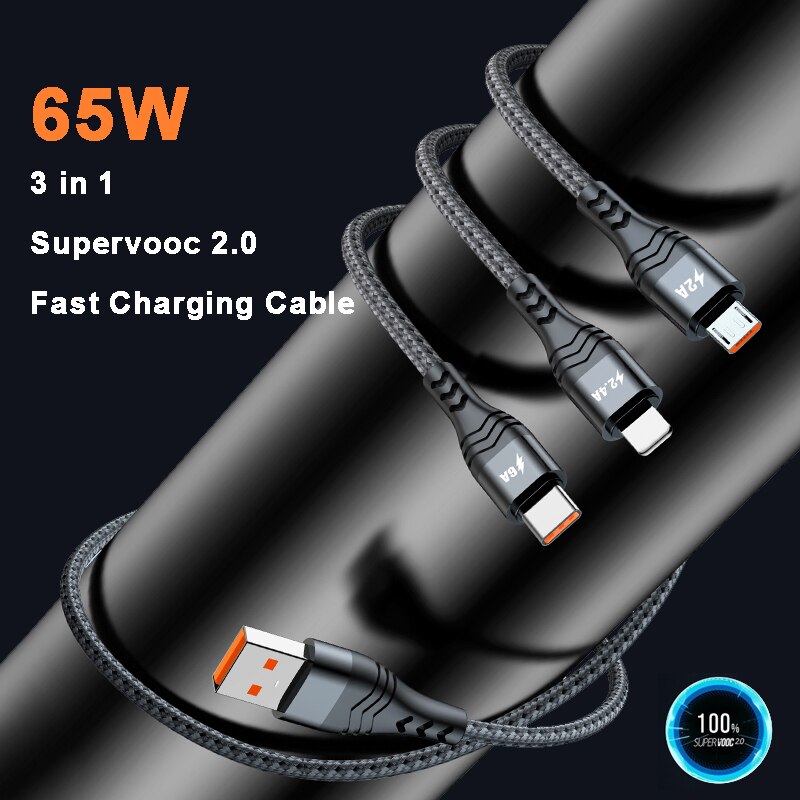 3 in 1 65w supervooc 2.0 schnellladekabel für oppo find  x2 pro, reno 5, 4 ace 2 x20, realme 8 x2 x50 pro, superdart flash charger