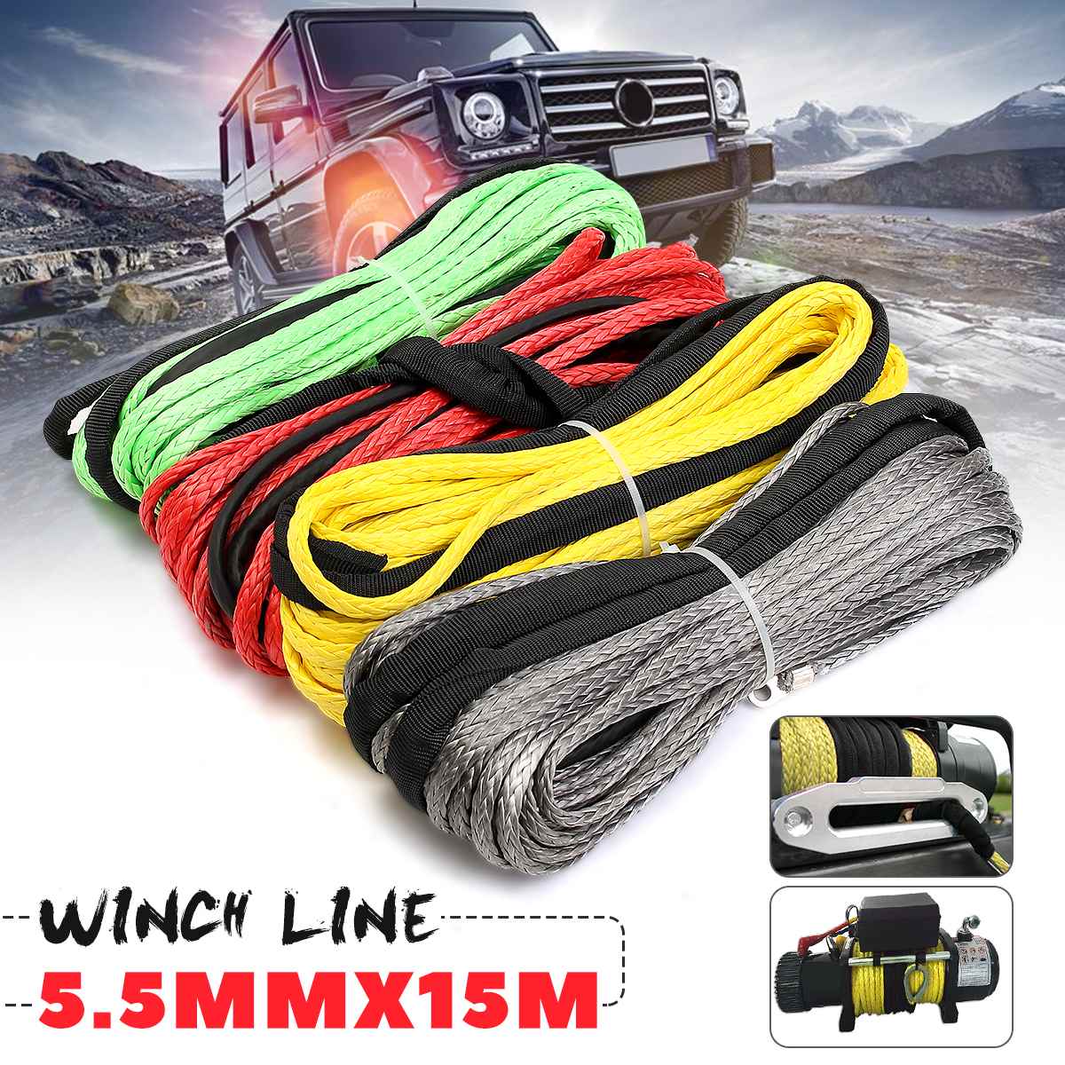 15m 5500lbs Winch Rope String Line Cable with Sheath Gray Synthetic Towing Rope Car Wash Maintenance String for ATV UTV Off-Road