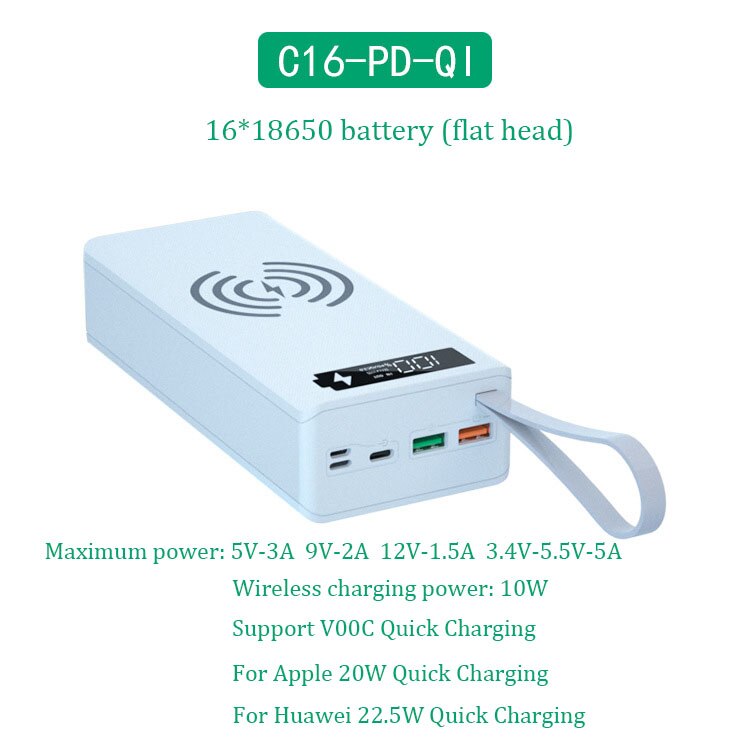 Caja de cargador de batería desmontable de 16x18650, carcasa de Banco de energía artesanal, soporte de carga rápida e inalámbrica, funda de Banco de energía sin batería: Quick Wireless White