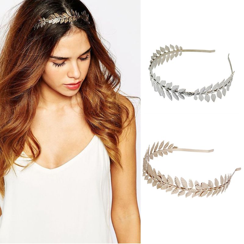 Greek goddess headband metallic gold silver leaves branch crown hair band wedding bride tiara shimmer hair