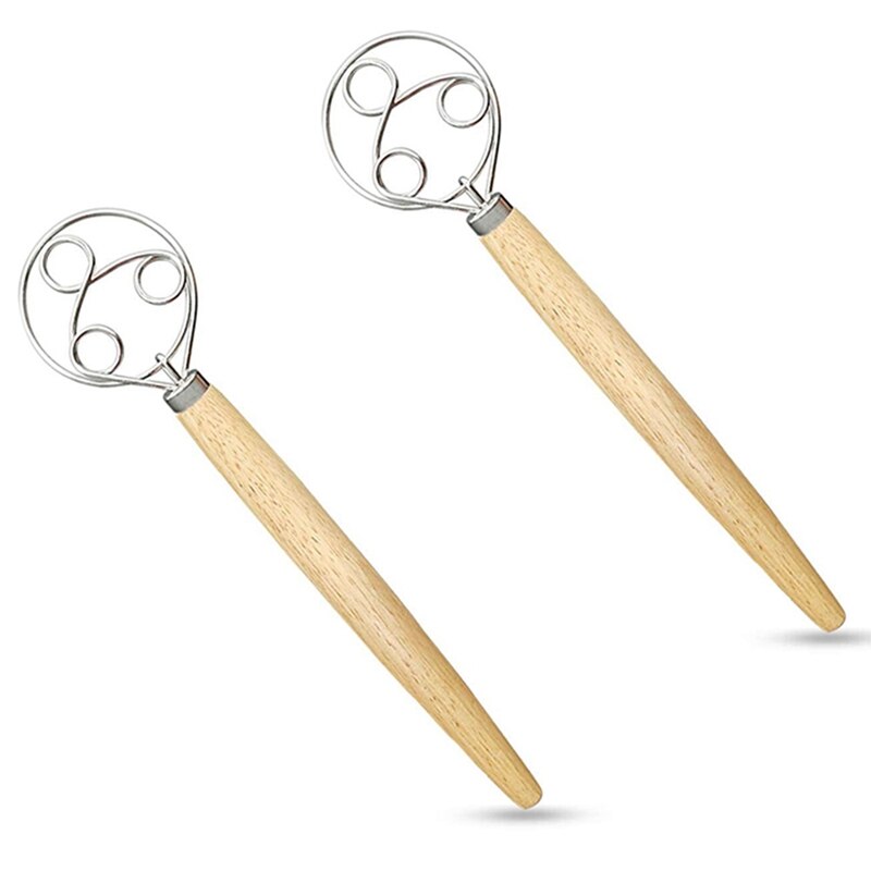 2 Packs of Danish Dough Mixer Stainless Steel Dutch Dough Mixer Bread Maker Wooden Handle Dough Mixer for Kitchen Baking