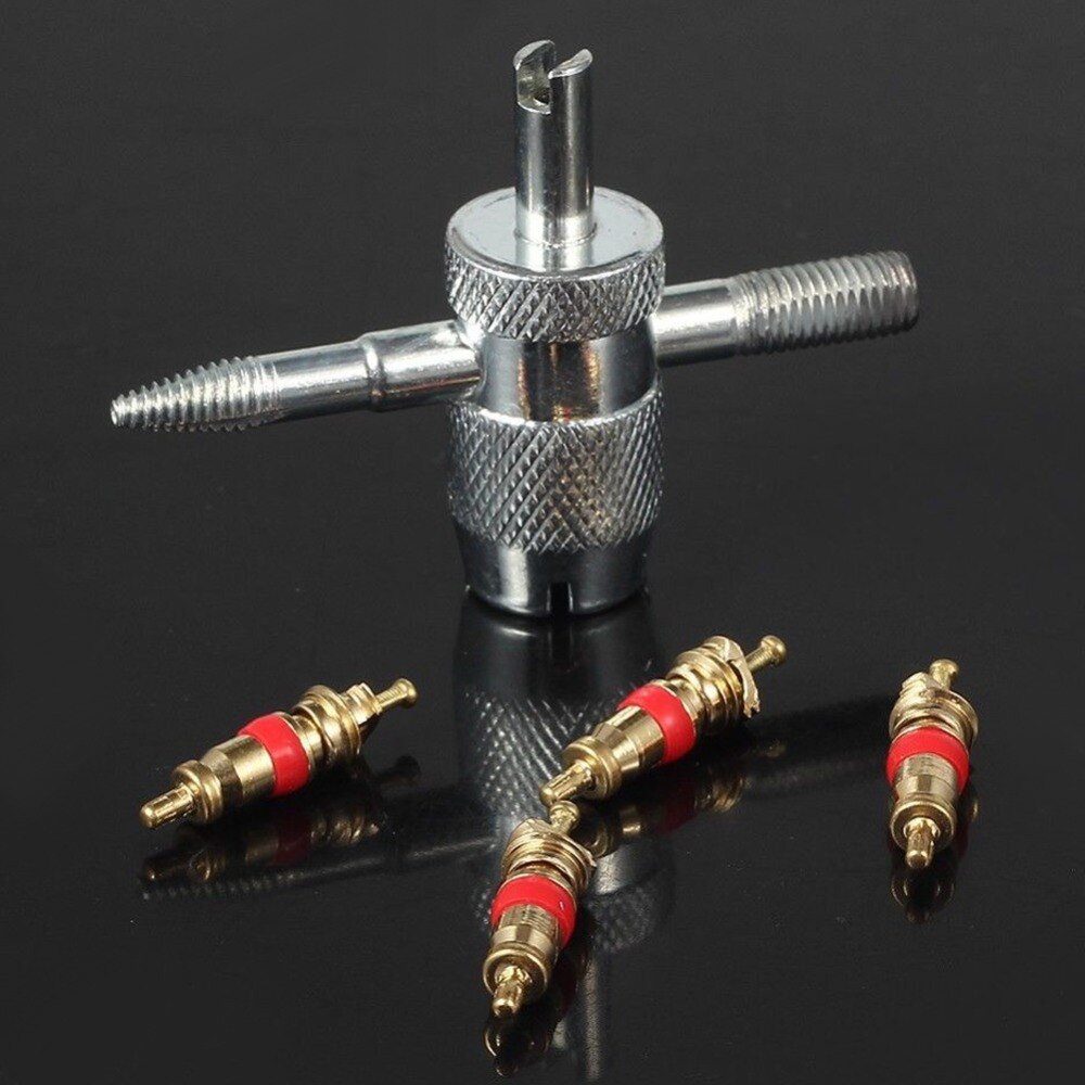 Car Bike 4 Way Tyre Valve Repair Standard Tire Remover Tool + 4 Stem Cores Kit